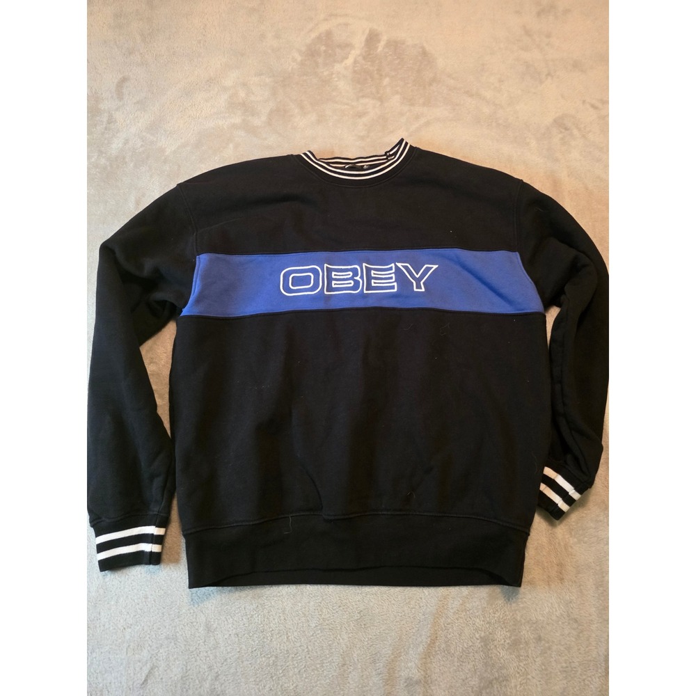 Obey Sweatshirt Mens Medium Black Blue Colorblock Logo Crewneck Striped Trim